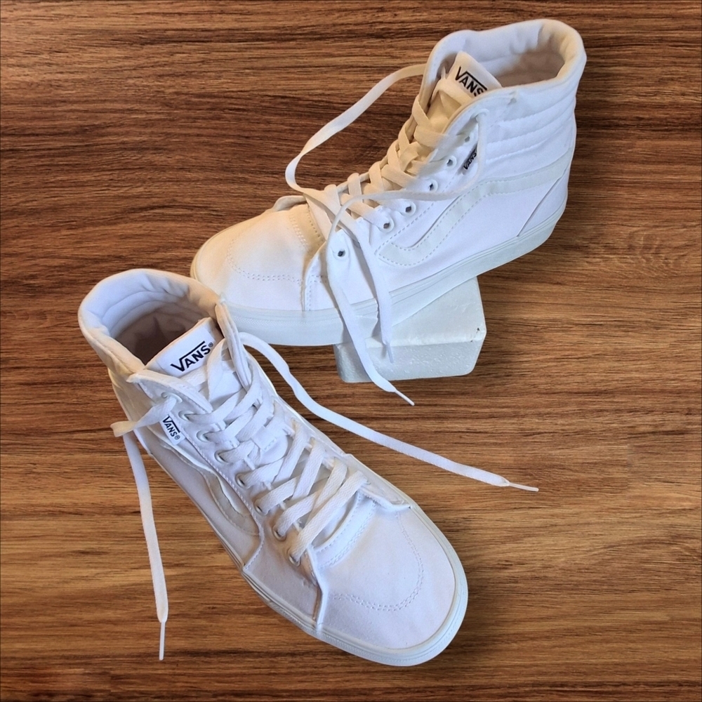 Vans Sk8-hi White Canvas High-Top Lace-Up Sneakers   Women Size 10